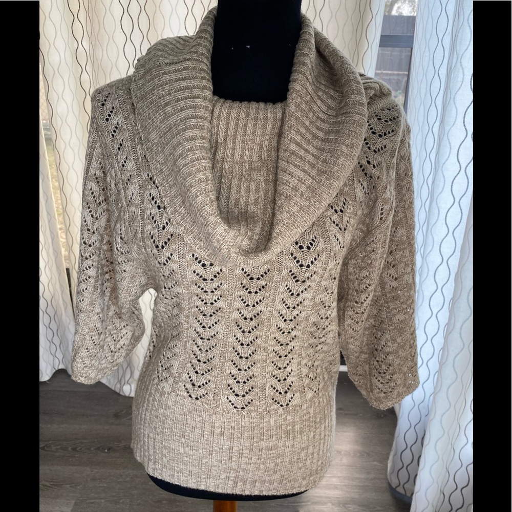 Vioblu women's size M cowl neck holed sweater Tan 3/4 wide sleeves